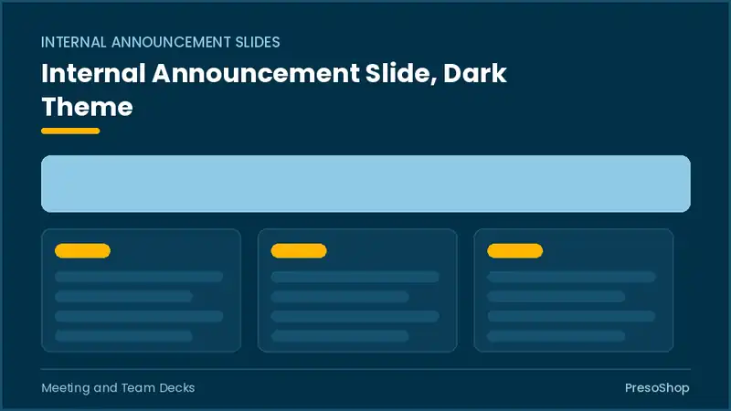 Editable PowerPoint internal announcement slide template in a dark theme, built from recolourable native shapes for meeting and team decks decks