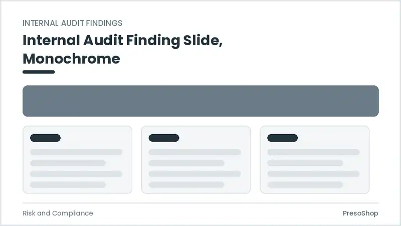Editable PowerPoint internal audit finding slide template in a monochrome treatment, built from recolourable native shapes for risk and compliance decks