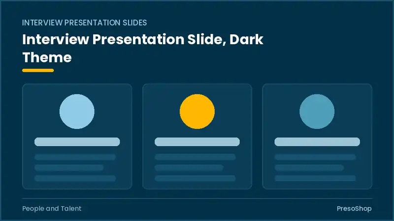 Editable PowerPoint interview presentation slide template in a dark theme, built from recolourable native shapes for people and talent decks