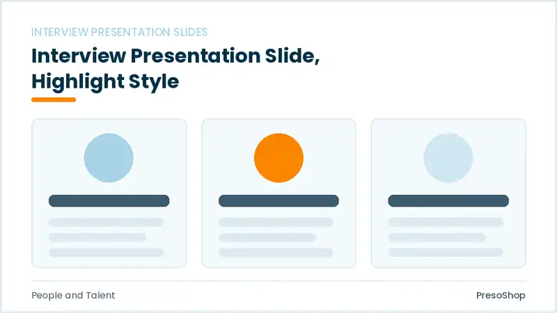 Editable PowerPoint interview presentation slide template with an accented takeaway, built from recolourable native shapes for people and talent decks