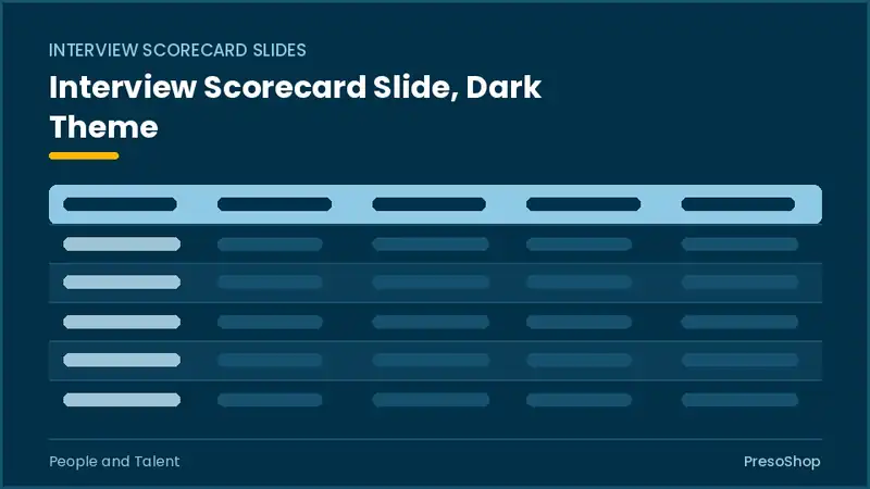 Editable PowerPoint interview scorecard slide template in a dark theme, built from recolourable native shapes for people and talent decks
