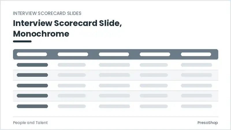 Editable PowerPoint interview scorecard slide template in a monochrome treatment, built from recolourable native shapes for people and talent decks