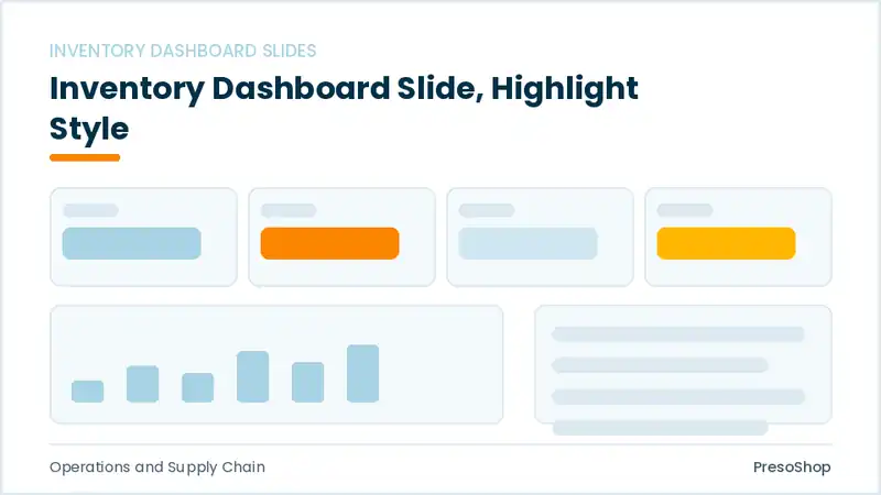 Editable PowerPoint inventory dashboard slide template with an accented takeaway, built from recolourable native shapes for operations and supply chain decks