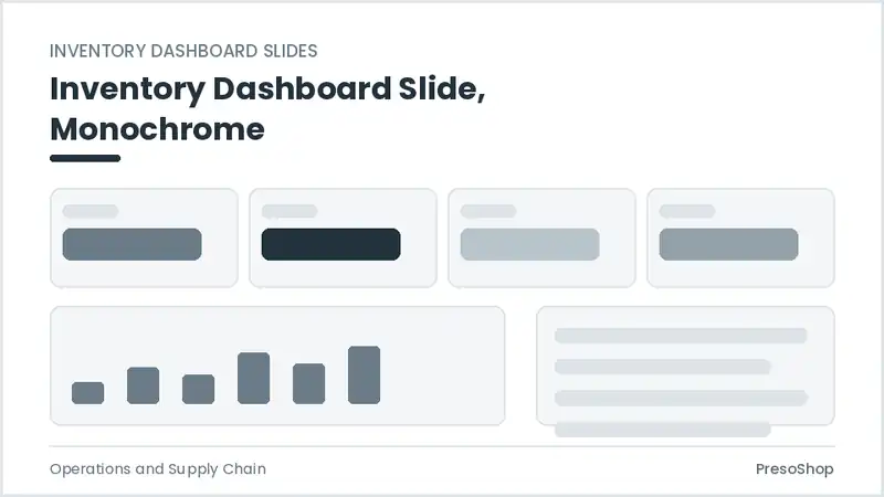 Editable PowerPoint inventory dashboard slide template in a monochrome treatment, built from recolourable native shapes for operations and supply chain decks