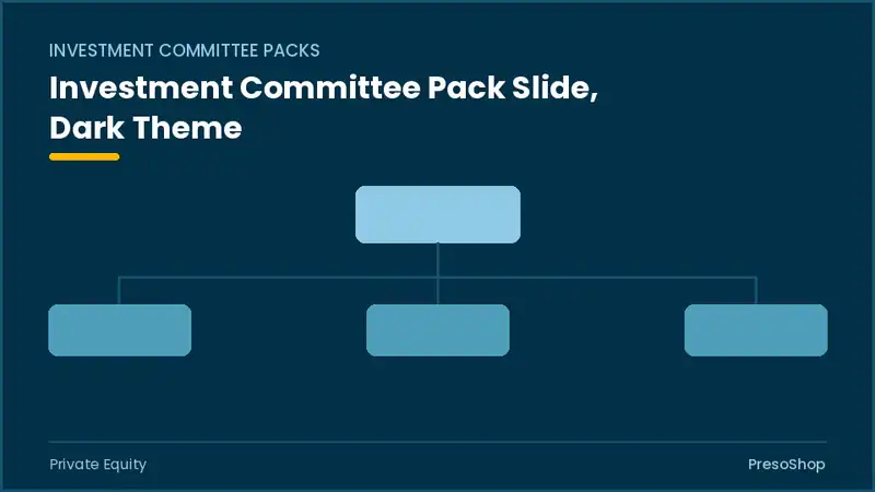 Editable PowerPoint investment committee pack slide template in a dark theme, built from recolourable native shapes for private equity decks