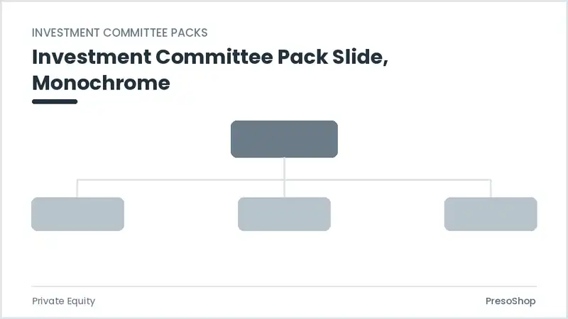 Editable PowerPoint investment committee pack slide template in a monochrome treatment, built from recolourable native shapes for private equity decks