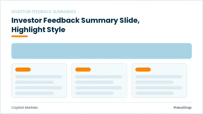 Editable PowerPoint investor feedback summary slide template with an accented takeaway, built from recolourable native shapes for capital markets decks