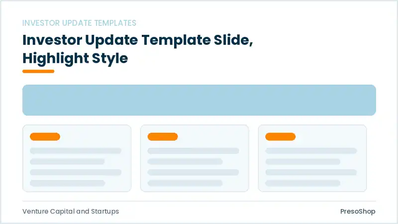Editable PowerPoint investor update template slide template with an accented takeaway, built from recolourable native shapes for venture capital and startups decks