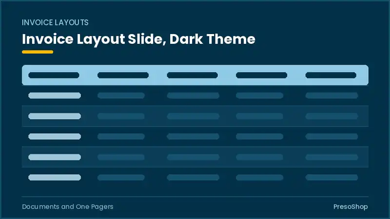 Editable PowerPoint invoice layout slide template in a dark theme, built from recolourable native shapes for documents and one pagers decks