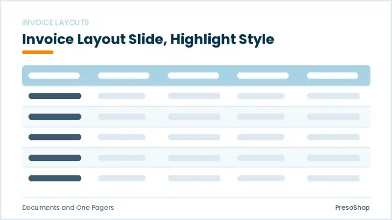 Editable PowerPoint invoice layout slide template with an accented takeaway, built from recolourable native shapes for documents and one pagers decks