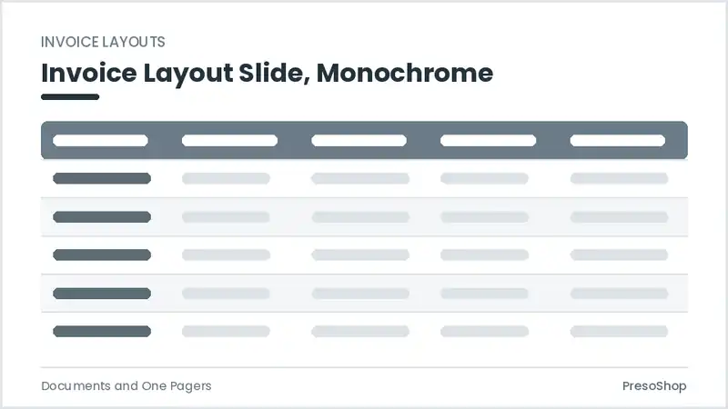 Editable PowerPoint invoice layout slide template in a monochrome treatment, built from recolourable native shapes for documents and one pagers decks
