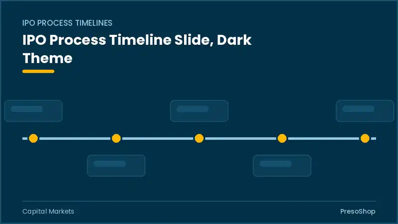 Editable PowerPoint ipo process timeline slide template in a dark theme, built from recolourable native shapes for capital markets decks