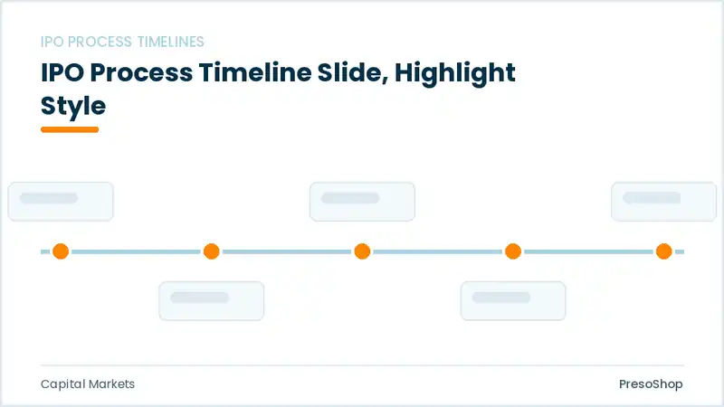 Editable PowerPoint ipo process timeline slide template with an accented takeaway, built from recolourable native shapes for capital markets decks