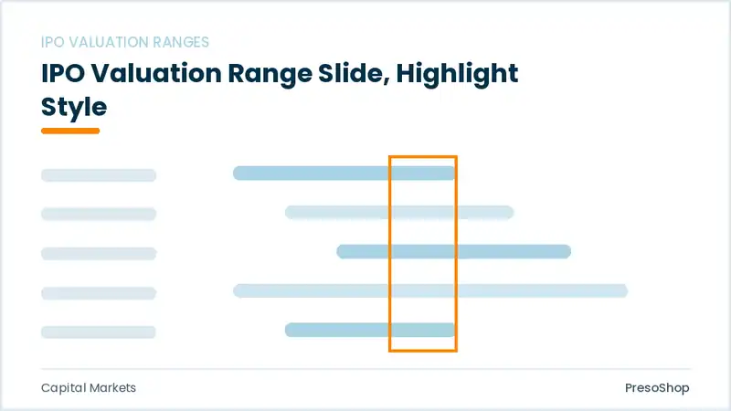 Editable PowerPoint ipo valuation range slide template with an accented takeaway, built from recolourable native shapes for capital markets decks