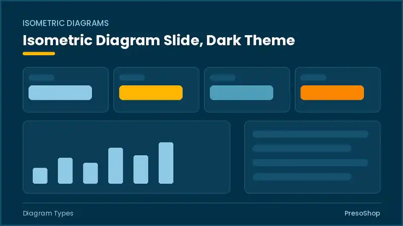 Editable PowerPoint isometric diagram slide template in a dark theme, built from recolourable native shapes for diagram types decks