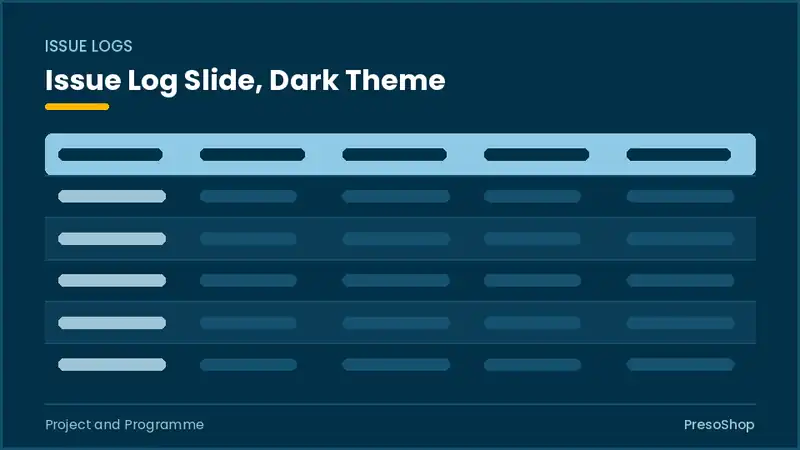 Editable PowerPoint issue log slide template in a dark theme, built from recolourable native shapes for project and programme decks