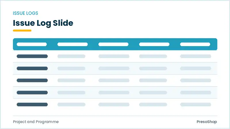 Editable PowerPoint issue log slide template, built from recolourable native shapes for project and programme decks