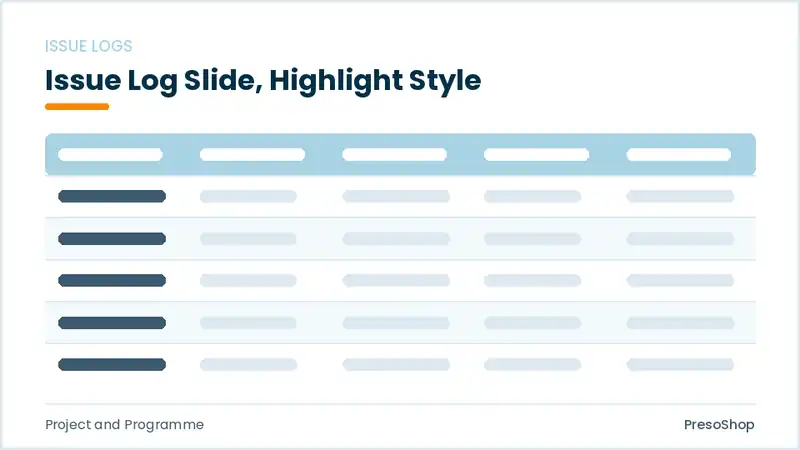 Editable PowerPoint issue log slide template with an accented takeaway, built from recolourable native shapes for project and programme decks