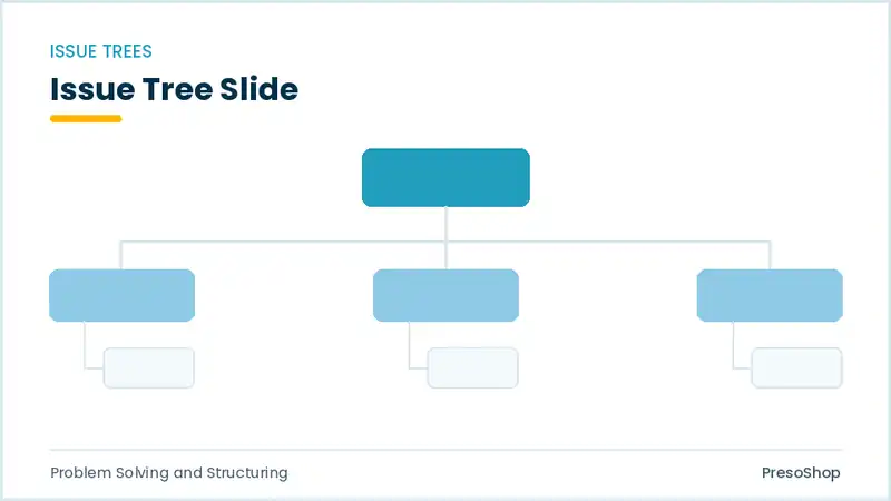 Editable PowerPoint issue tree slide template, built from recolourable native shapes for problem solving and structuring decks