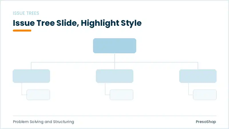 Editable PowerPoint issue tree slide template with an accented takeaway, built from recolourable native shapes for problem solving and structuring decks