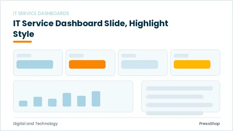 Editable PowerPoint it service dashboard slide template with an accented takeaway, built from recolourable native shapes for digital and technology decks