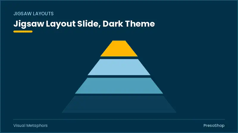 Editable PowerPoint jigsaw layout slide template in a dark theme, built from recolourable native shapes for visual metaphors decks