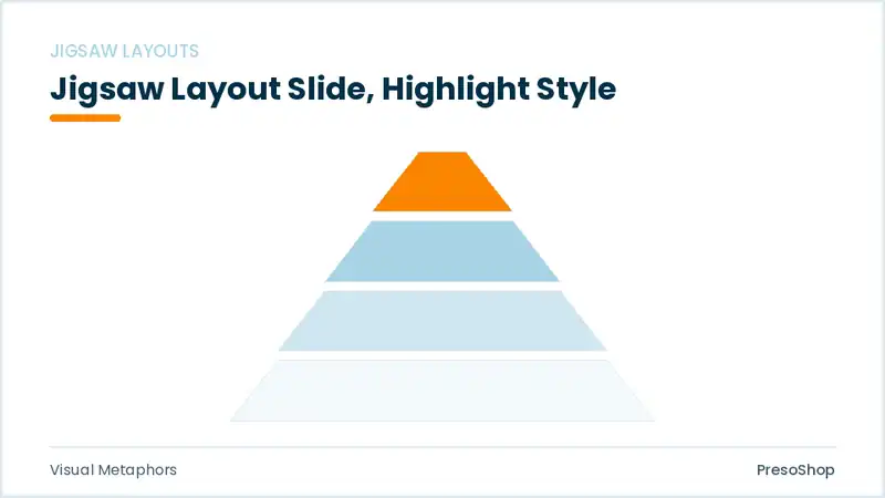 Editable PowerPoint jigsaw layout slide template with an accented takeaway, built from recolourable native shapes for visual metaphors decks