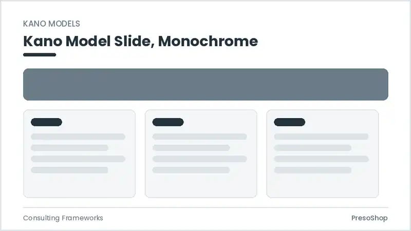 Editable PowerPoint kano model slide template in a monochrome treatment, built from recolourable native shapes for consulting frameworks decks