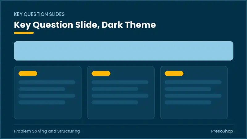 Editable PowerPoint key question slide template in a dark theme, built from recolourable native shapes for problem solving and structuring decks