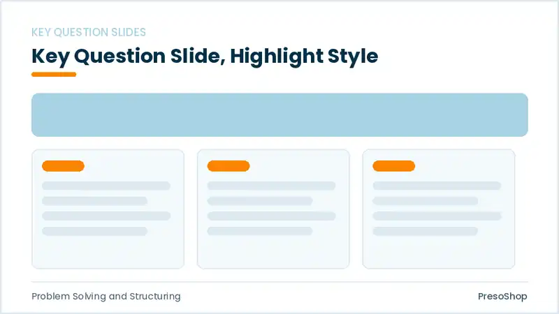 Editable PowerPoint key question slide template with an accented takeaway, built from recolourable native shapes for problem solving and structuring decks