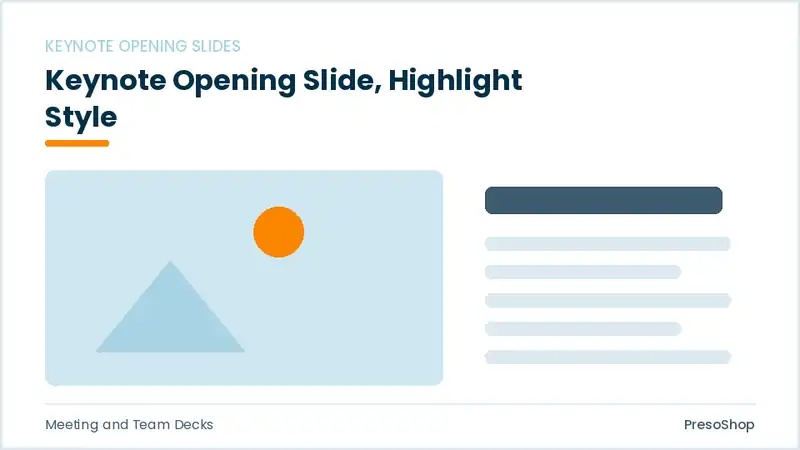 Editable PowerPoint keynote opening slide template with an accented takeaway, built from recolourable native shapes for meeting and team decks decks
