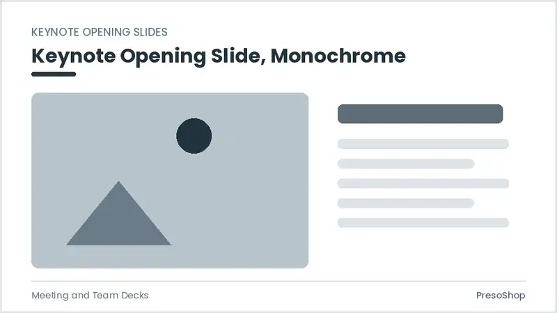 Editable PowerPoint keynote opening slide template in a monochrome treatment, built from recolourable native shapes for meeting and team decks decks