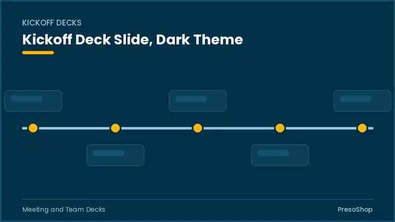 Editable PowerPoint kickoff deck slide template in a dark theme, built from recolourable native shapes for meeting and team decks decks
