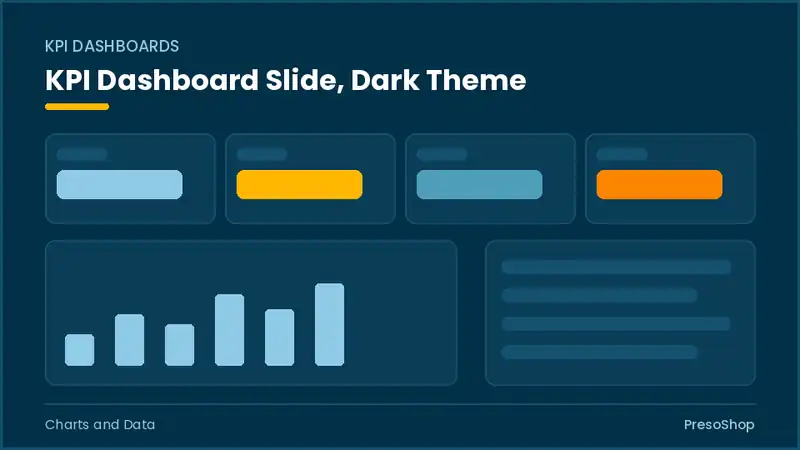 Editable PowerPoint kpi dashboard slide template in a dark theme, built from recolourable native shapes for charts and data decks