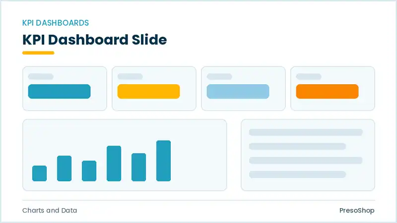 Editable PowerPoint kpi dashboard slide template, built from recolourable native shapes for charts and data decks