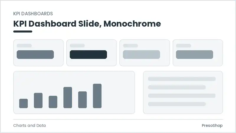 Editable PowerPoint kpi dashboard slide template in a monochrome treatment, built from recolourable native shapes for charts and data decks