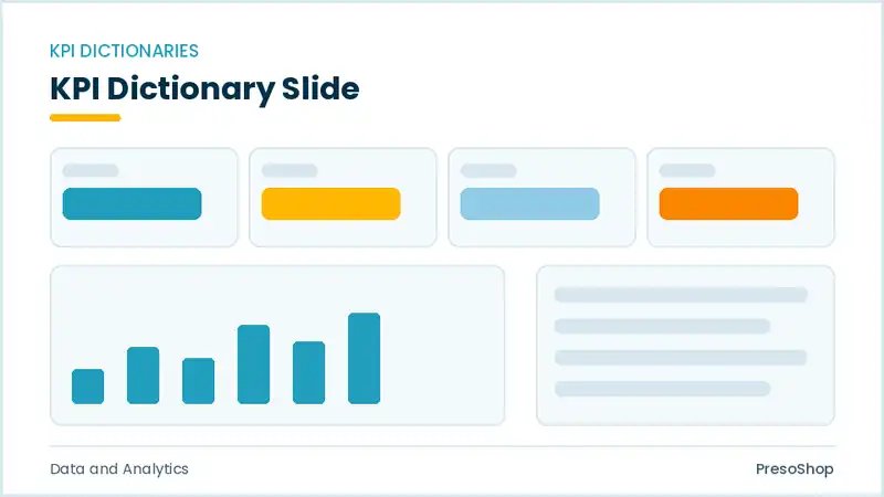 Editable PowerPoint kpi dictionary slide template, built from recolourable native shapes for data and analytics decks