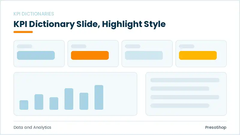 Editable PowerPoint kpi dictionary slide template with an accented takeaway, built from recolourable native shapes for data and analytics decks