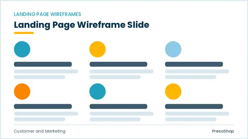 Editable PowerPoint landing page wireframe slide template, built from recolourable native shapes for customer and marketing decks