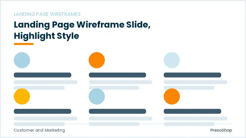 Editable PowerPoint landing page wireframe slide template with an accented takeaway, built from recolourable native shapes for customer and marketing decks