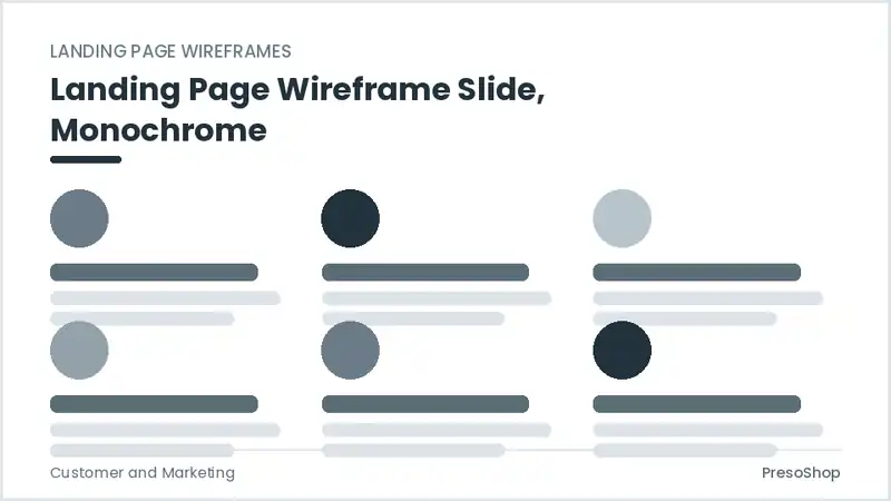 Editable PowerPoint landing page wireframe slide template in a monochrome treatment, built from recolourable native shapes for customer and marketing decks