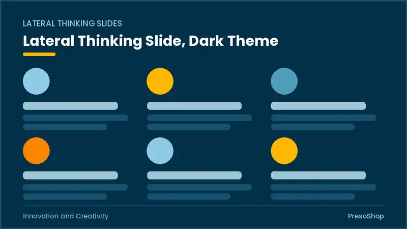 Editable PowerPoint lateral thinking slide template in a dark theme, built from recolourable native shapes for innovation and creativity decks