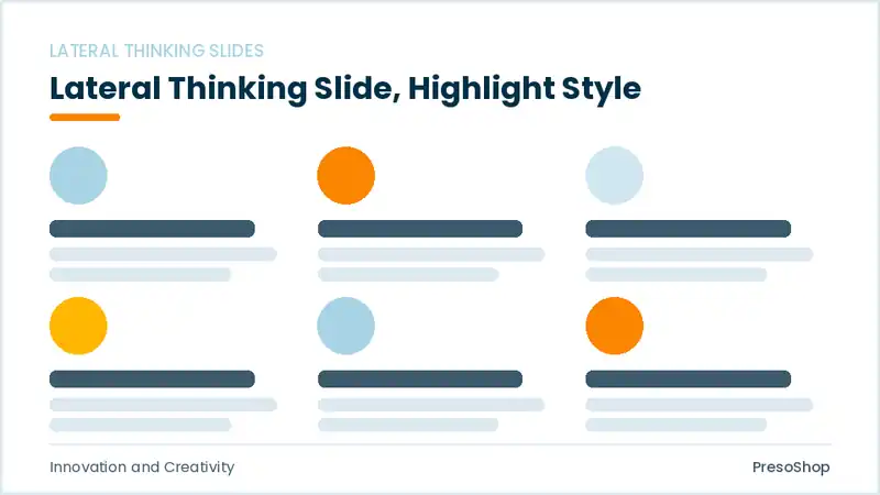 Editable PowerPoint lateral thinking slide template with an accented takeaway, built from recolourable native shapes for innovation and creativity decks