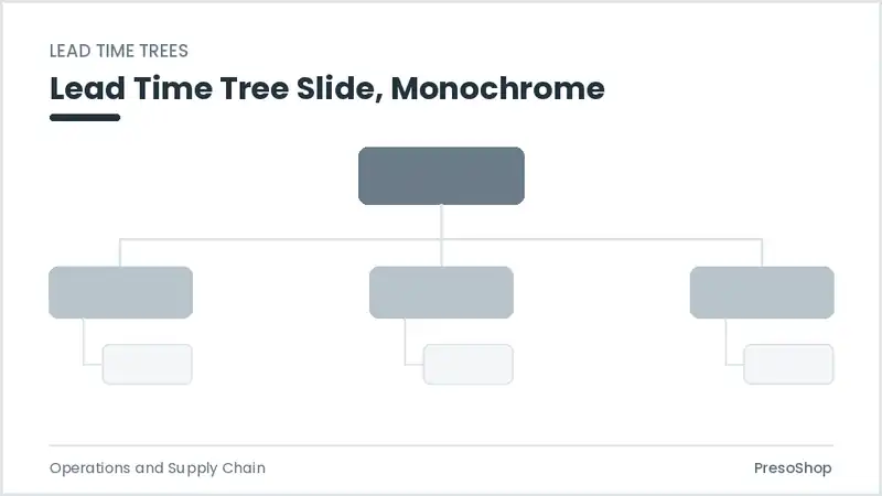 Editable PowerPoint lead time tree slide template in a monochrome treatment, built from recolourable native shapes for operations and supply chain decks