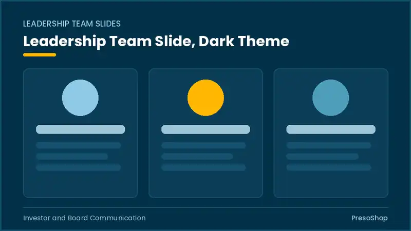 Editable PowerPoint leadership team slide template in a dark theme, built from recolourable native shapes for investor and board communication decks