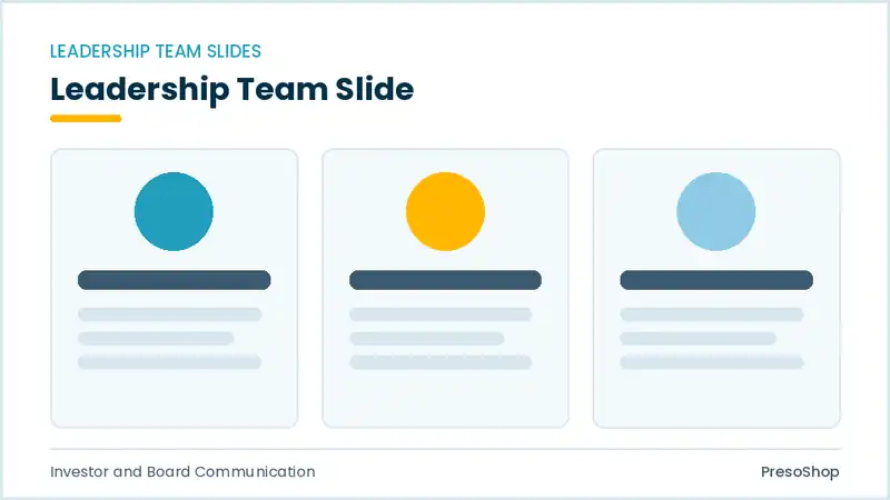 Editable PowerPoint leadership team slide template, built from recolourable native shapes for investor and board communication decks