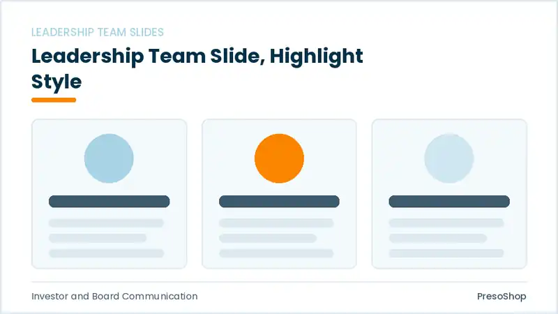 Editable PowerPoint leadership team slide template with an accented takeaway, built from recolourable native shapes for investor and board communication decks