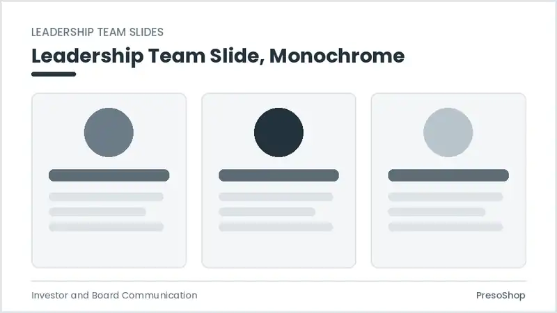 Editable PowerPoint leadership team slide template in a monochrome treatment, built from recolourable native shapes for investor and board communication decks