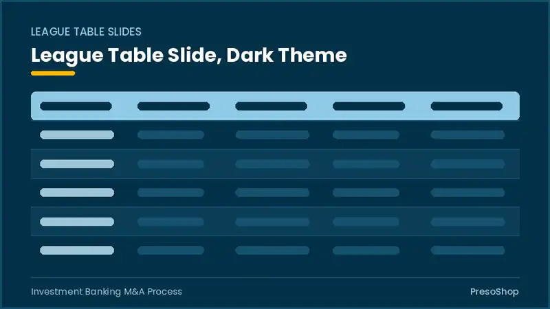 Editable PowerPoint league table slide template in a dark theme, built from recolourable native shapes for investment banking m&a process decks