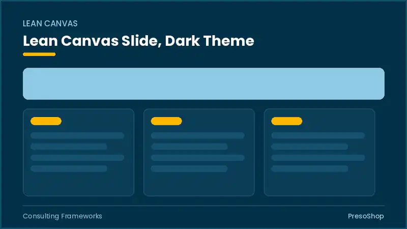 Editable PowerPoint lean canvas slide template in a dark theme, built from recolourable native shapes for consulting frameworks decks
